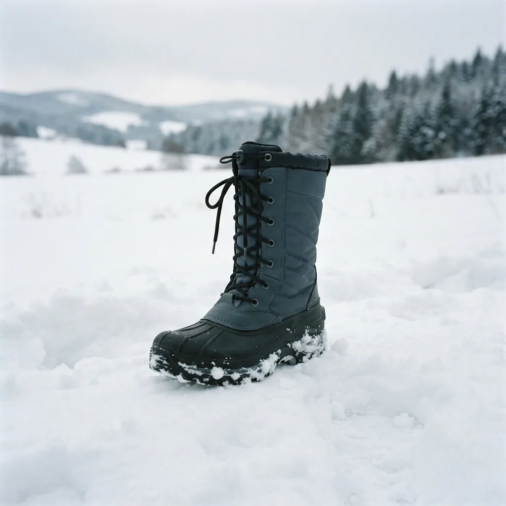 Tall insulated snow boot standing in fresh deep snow