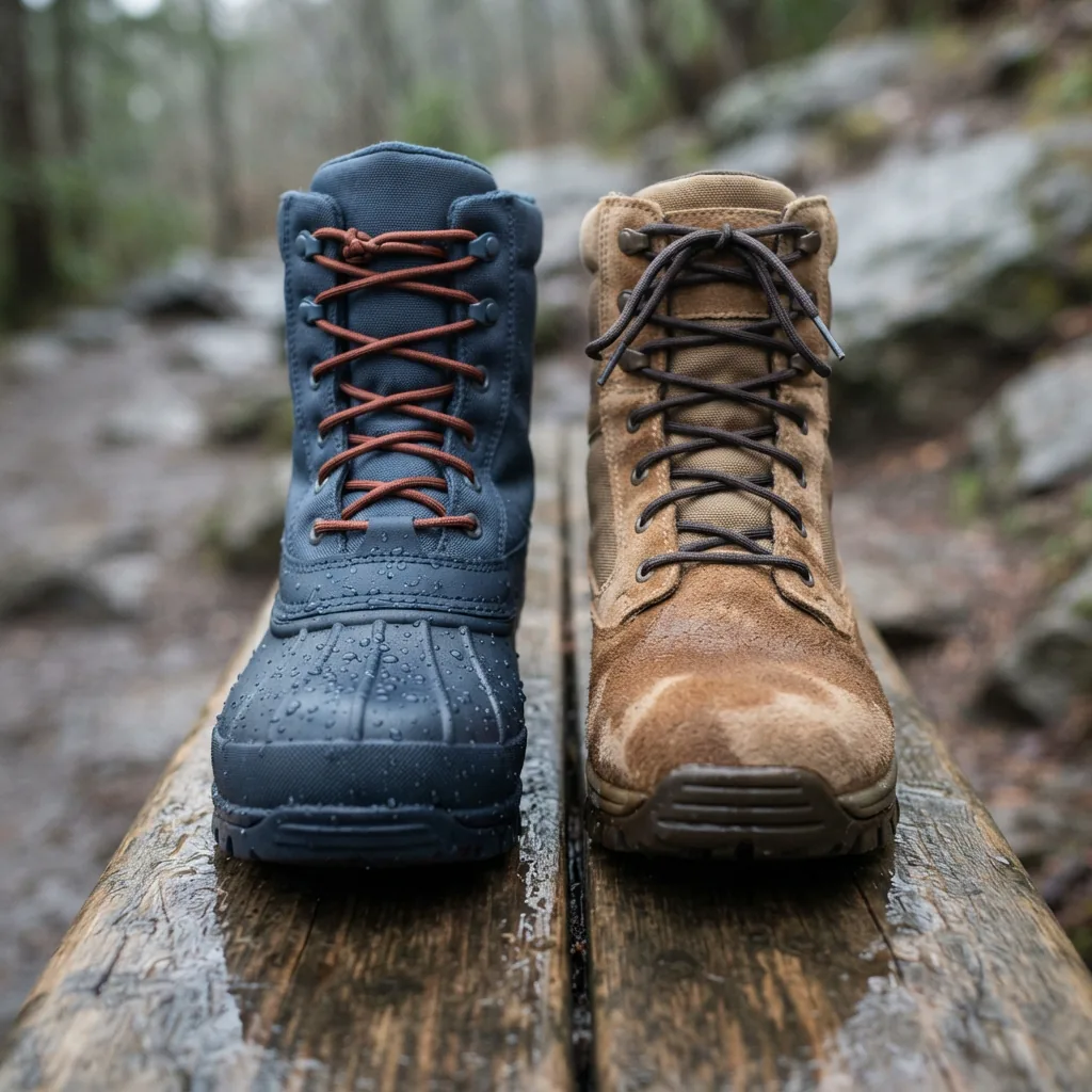 Two winter boots side by side on a wet bench, one with water beading on its surface