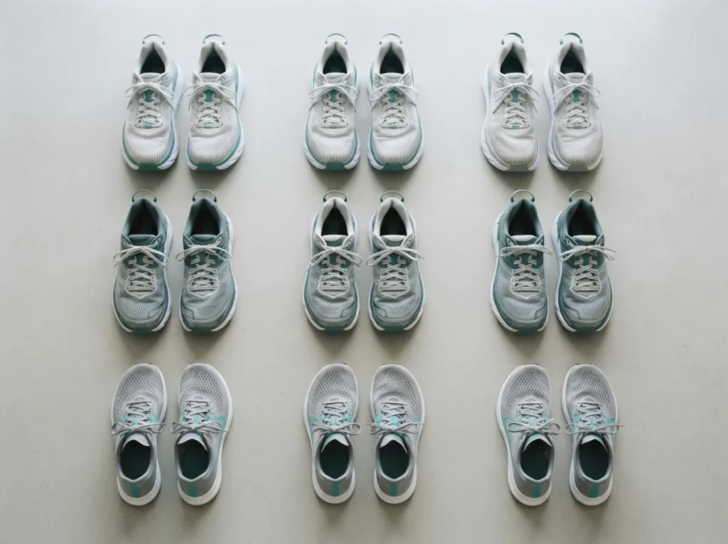 Overhead view of athletic running shoes grouped by type on a light studio surface