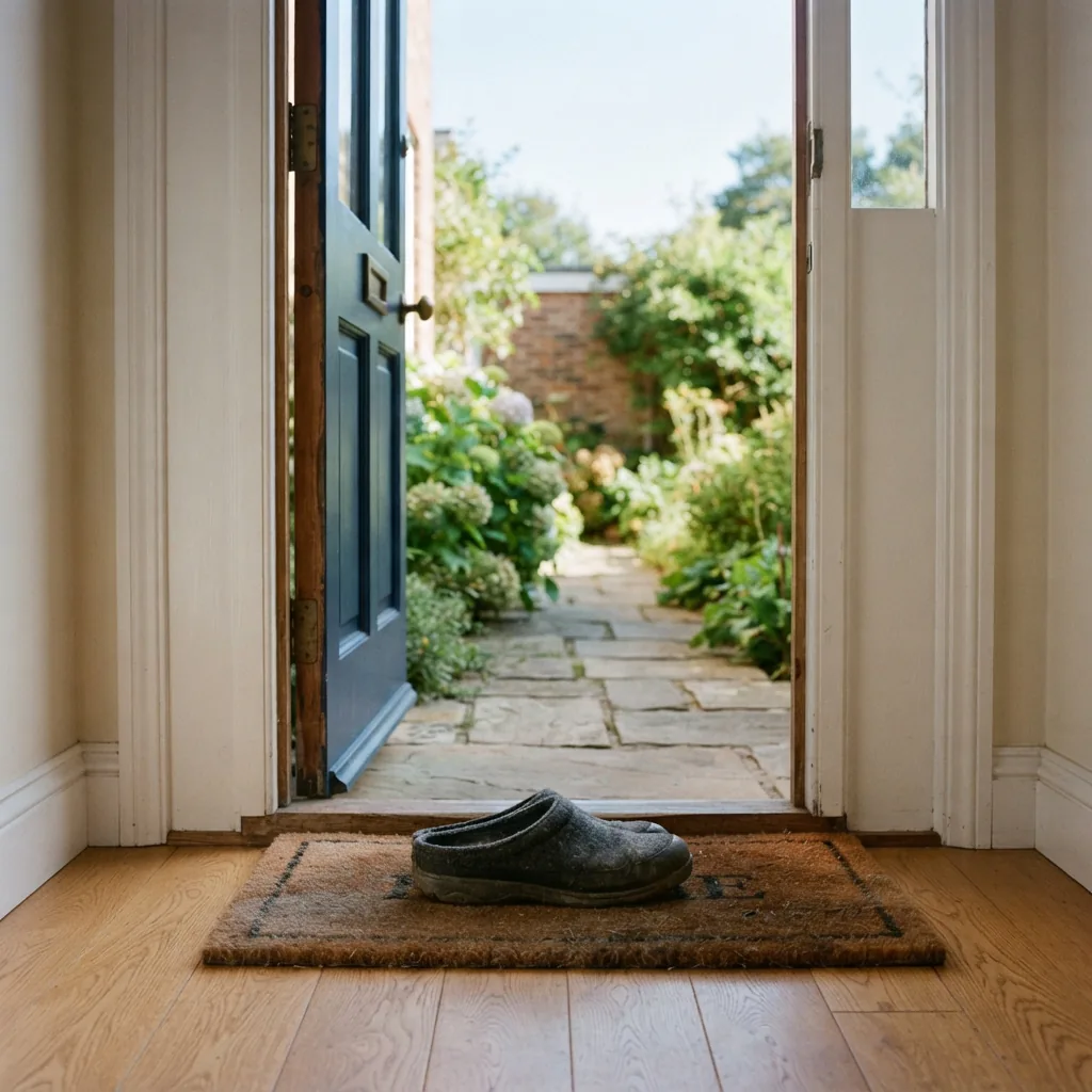A single sturdy slipper placed at an open doorway with a front path visible beyond