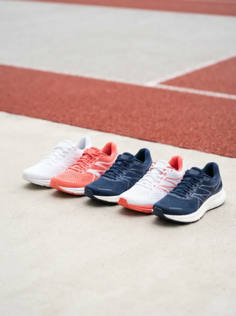 A lineup of athletic running shoes in bright colorways arranged on a light studio floor