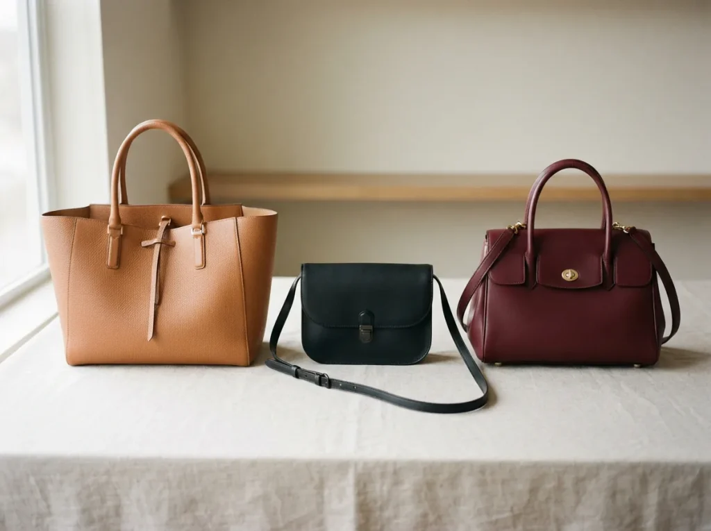Three handbag families, a tote, a crossbody and a satchel, lined up on a light neutral surface