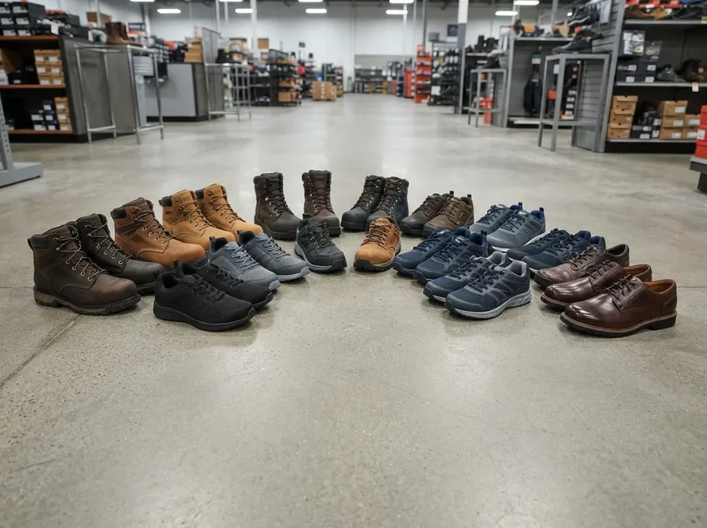 An assortment of work boots, work sneakers and work oxfords arranged together on a concrete floor