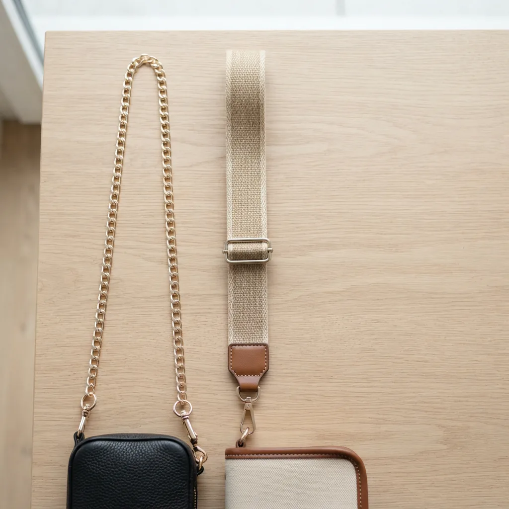 Chain-strap and adjustable webbing crossbody straps laid side by side on a light table for comparison.