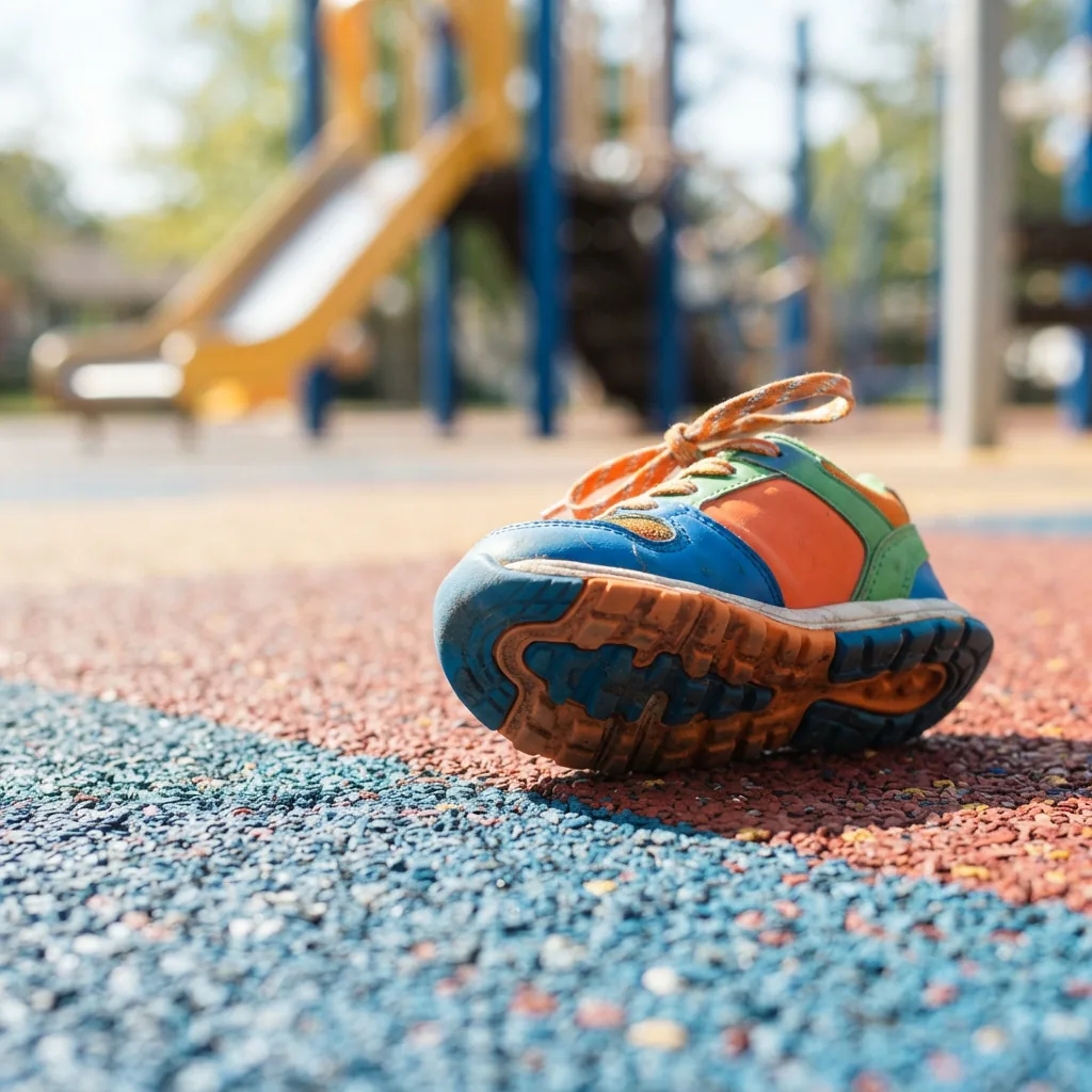A children's sneaker on textured playground safety surfacing with a soft-focus slide behind it