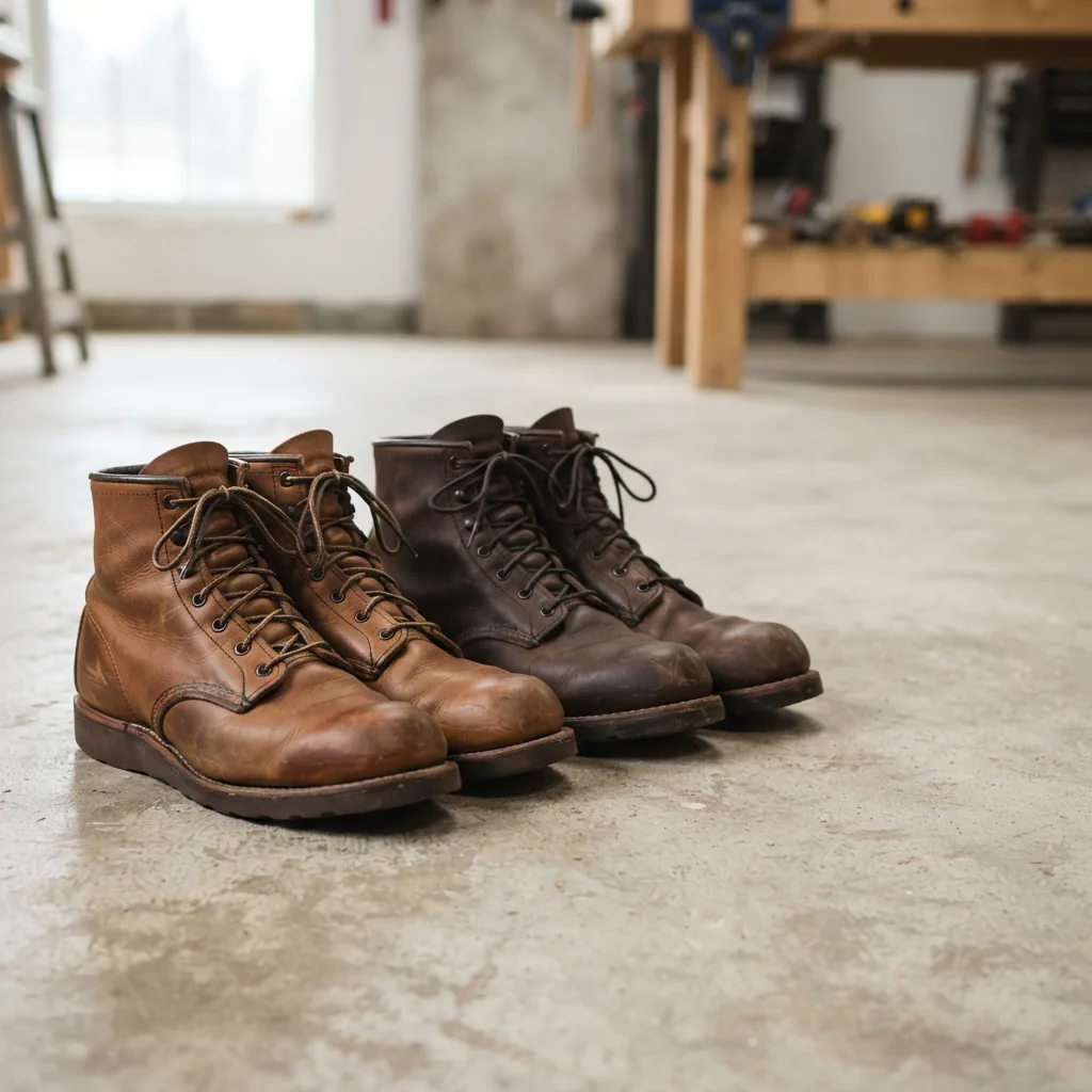 Two soft toe work boots with plain rounded toes on a light concrete floor.