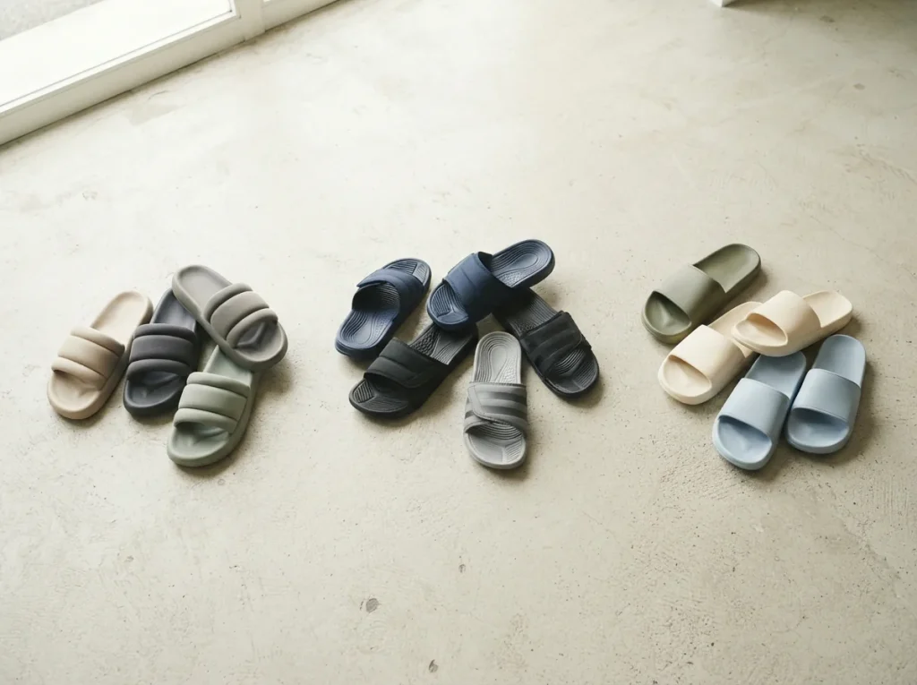Overhead view of three groups of unbranded slide sandals grouped by style on pale concrete