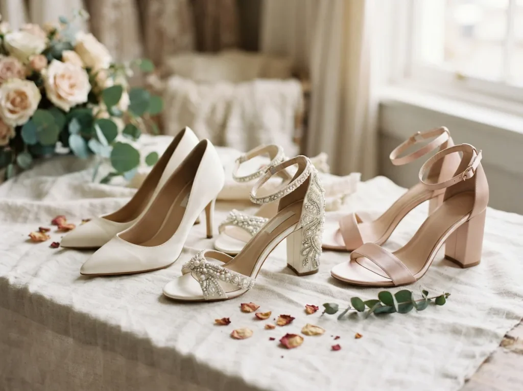 Overview of several wedding shoe styles grouped together on a light display surface
