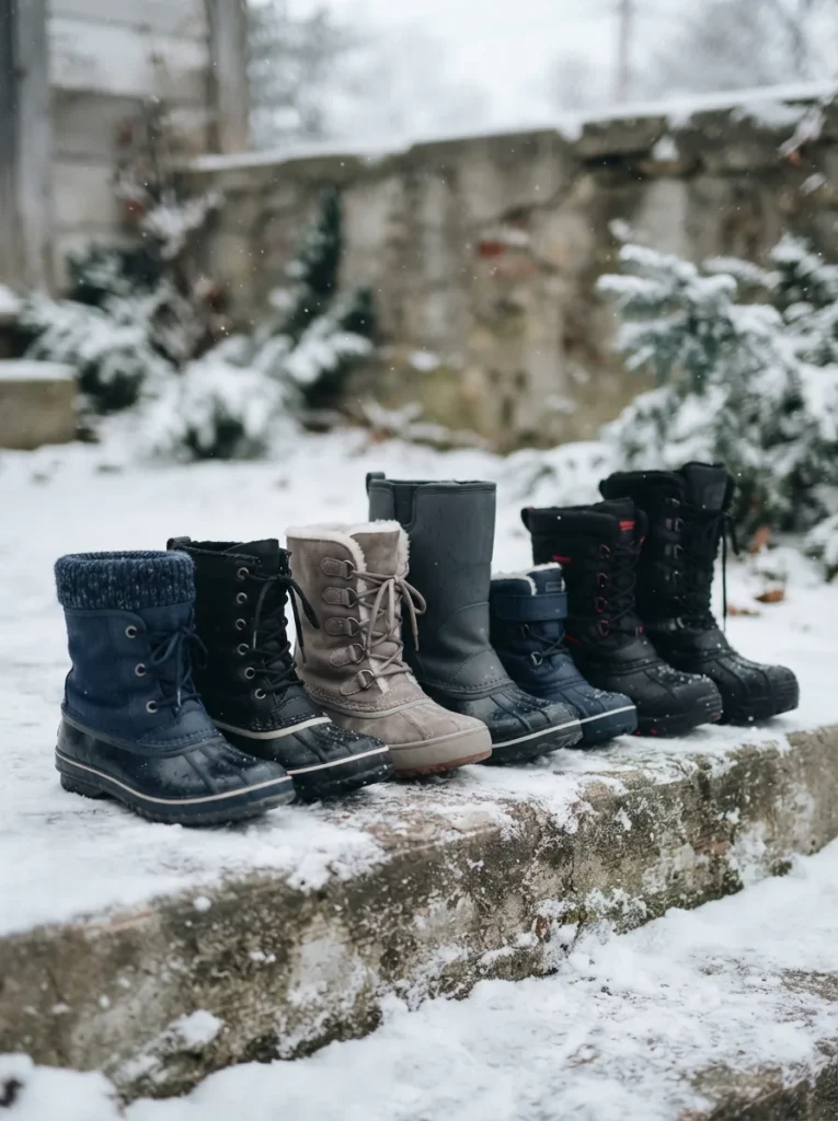 Assortment of winter snow boots lined up on a snow-dusted city step