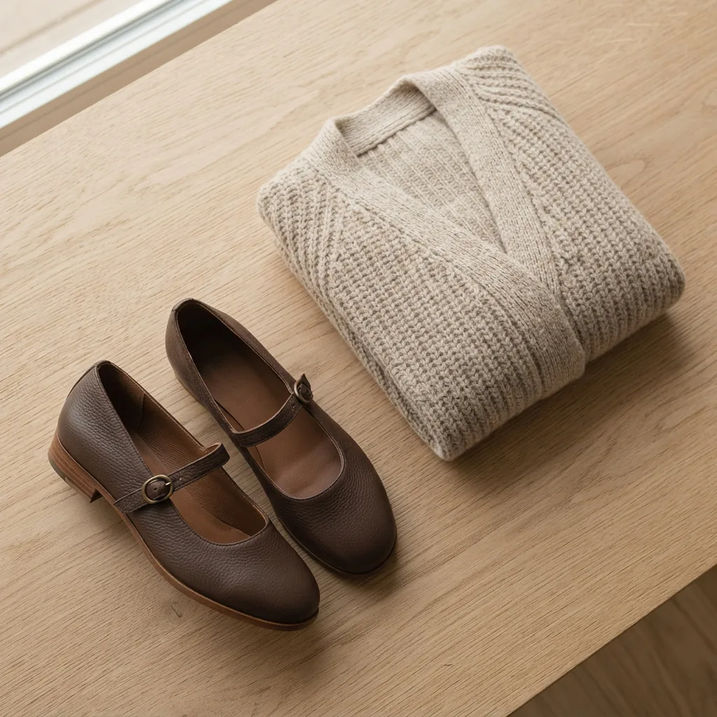 A pair of Mary Jane shoes placed beside a neatly folded knit top on a light surface