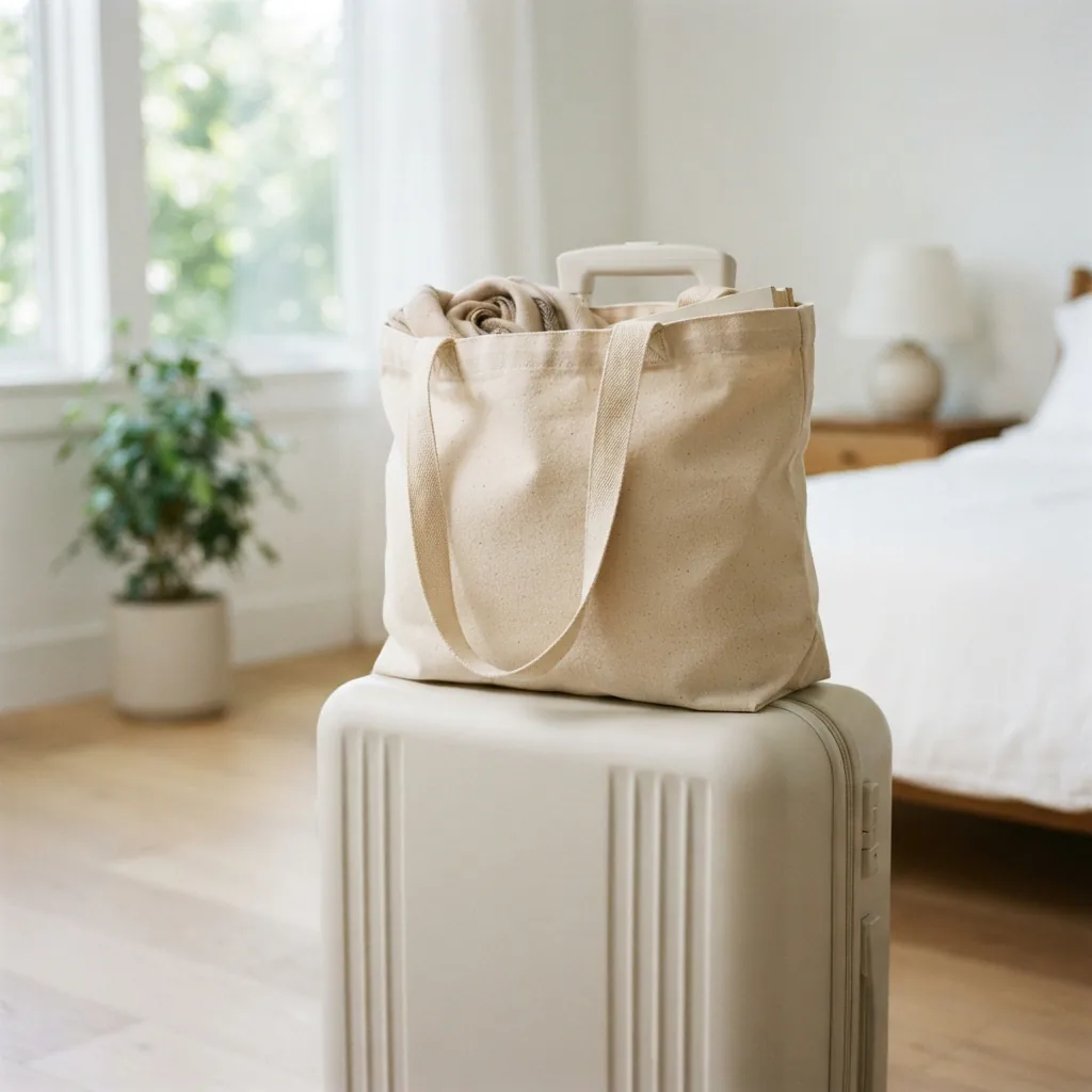 Canvas tote bag resting on a suitcase in a bright room