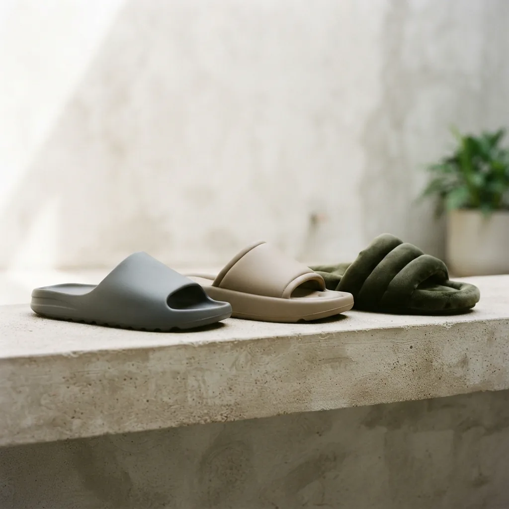 Three unbranded slide sandals arranged in a row from simple to premium on a light concrete shelf