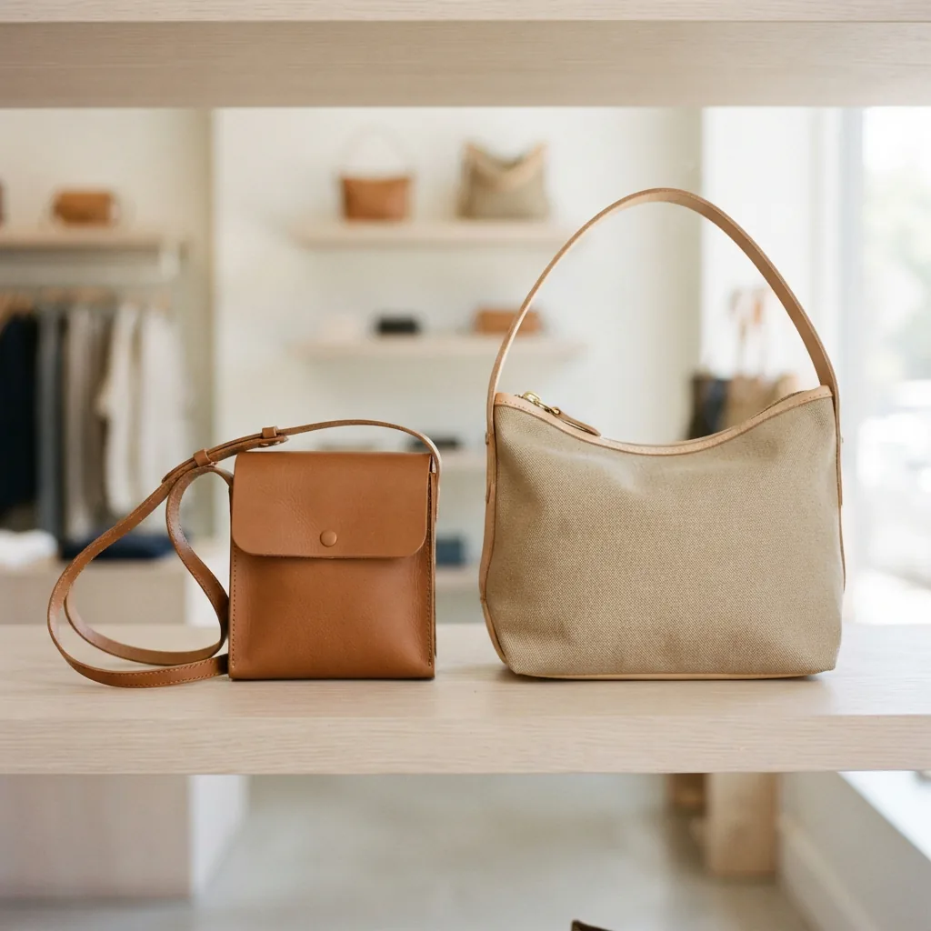 Crossbody bag and shoulder bag displayed side by side on a light shelf