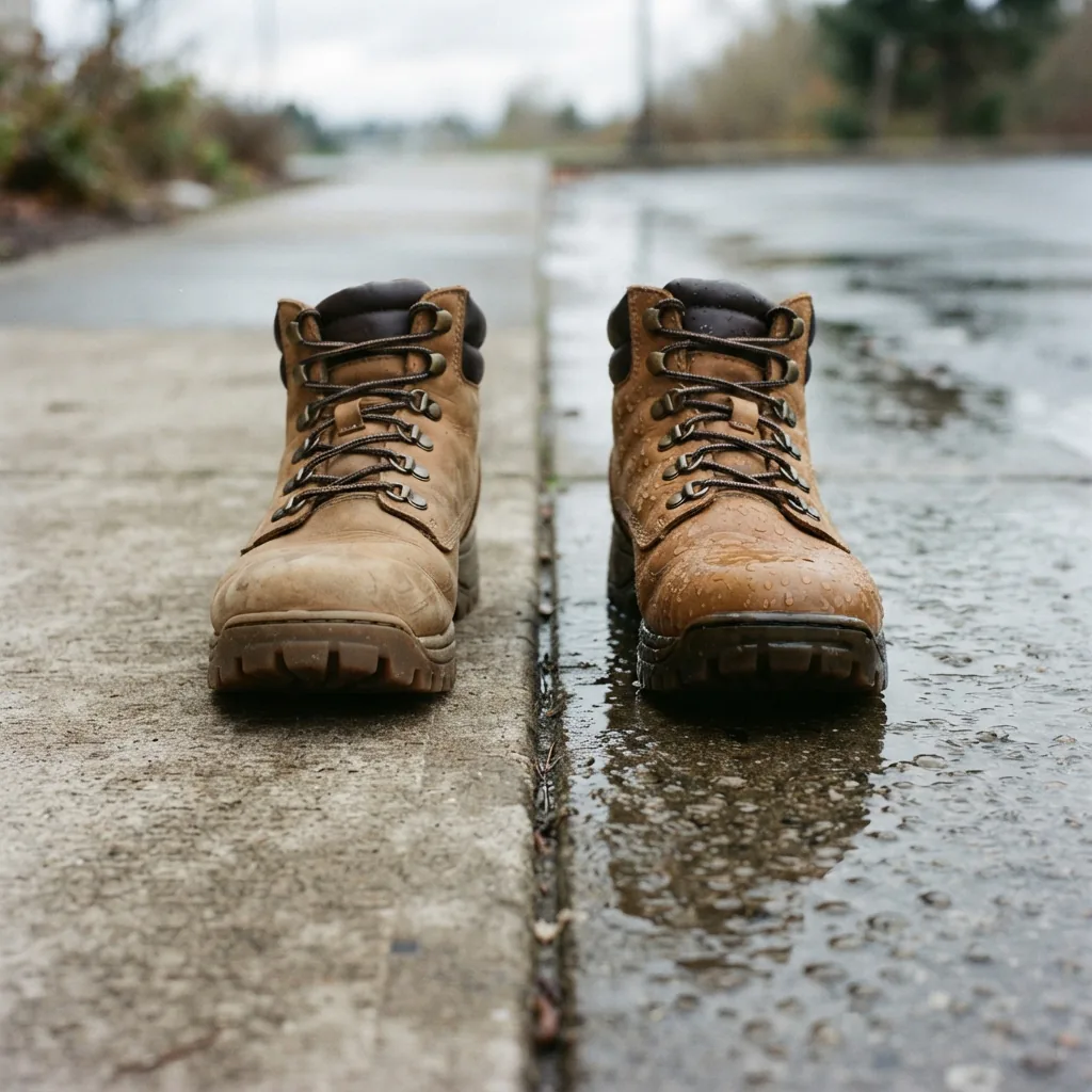 Two unbranded men's shoes compared on a dry slab and a rain-wet slab of concrete