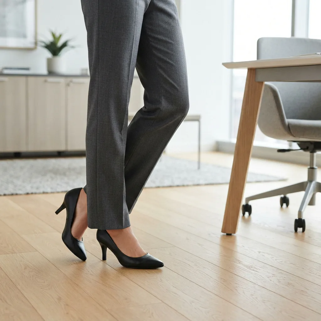 Pointed toe black pumps worn with tailored trousers on an office floor, cropped below the knee