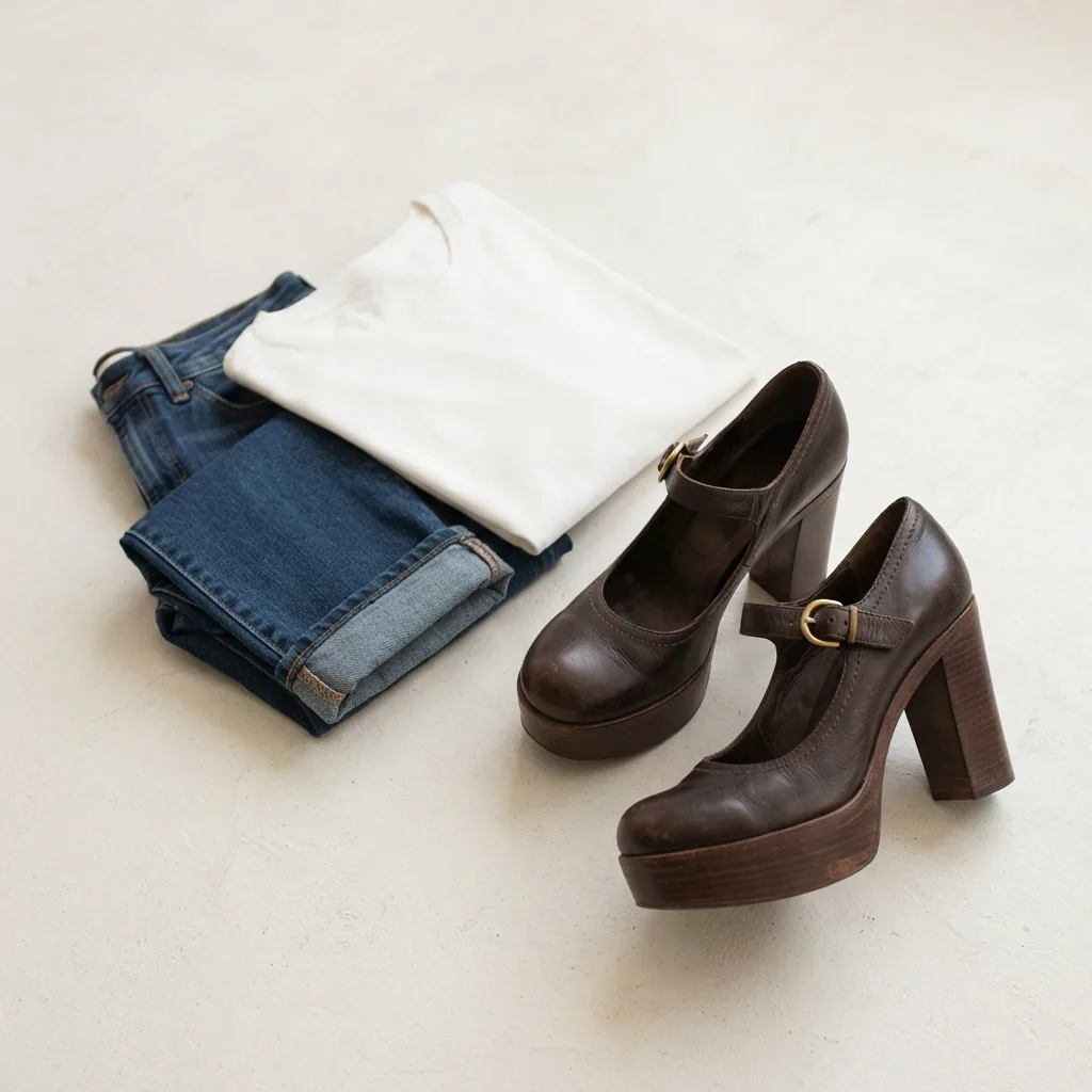 Platform heels placed beside folded denim jeans and a simple top