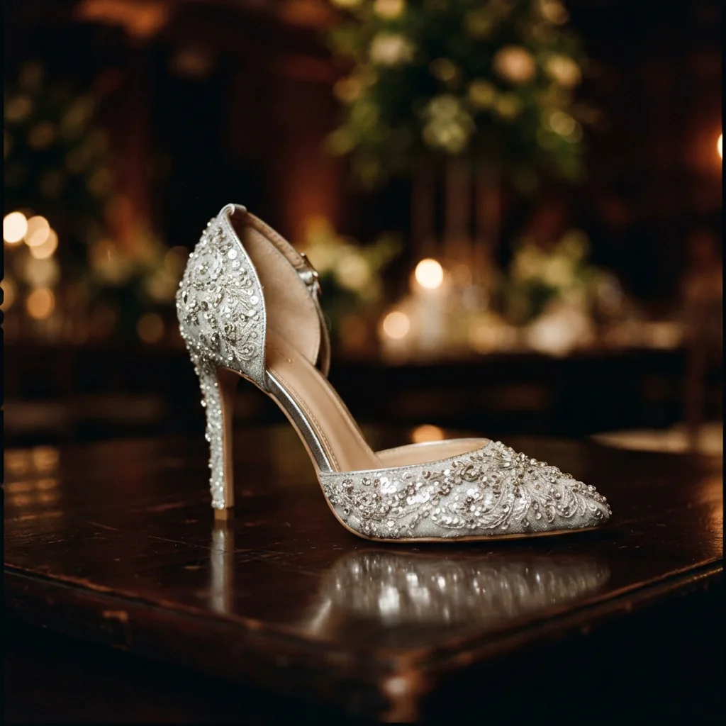 Embellished heeled wedding shoe catching light on a dark reception table