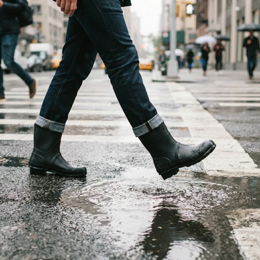 A person mid-step lifting a rain boot over a puddle at a crosswalk