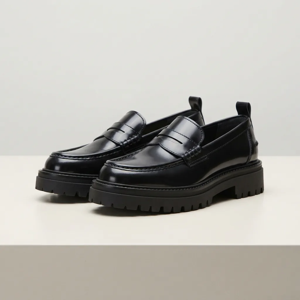 One pair of women's platform loafers on a pale display surface