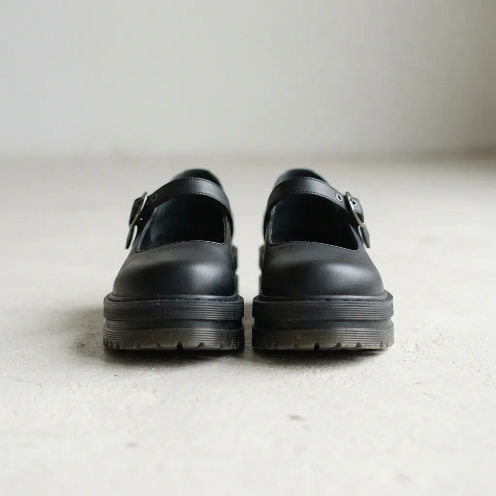 Two platform Mary Jane shoes with raised soles standing side by side on a pale surface