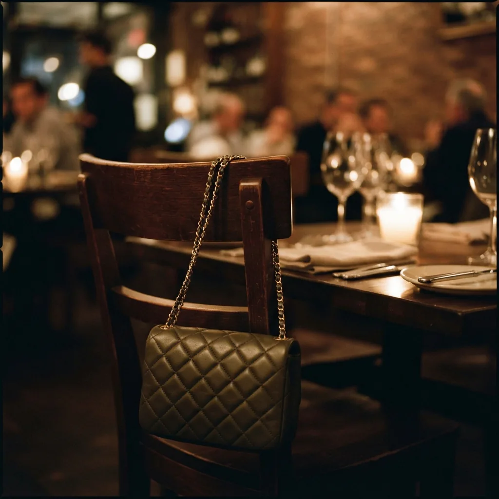 Quilted crossbody bag with a chain strap resting on the back of a chair beside a set table in a warm dining room.
