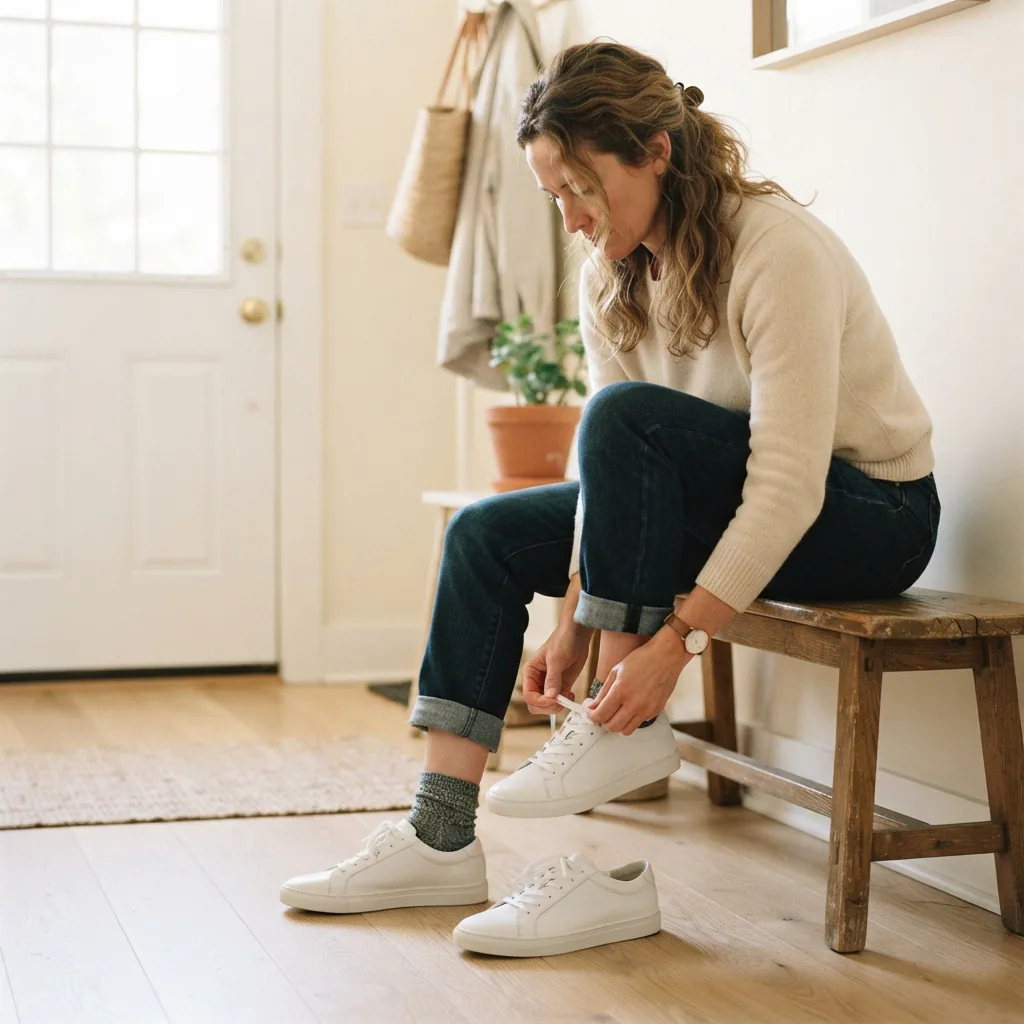 Woman lacing a white women's sneaker by an open front door before heading out