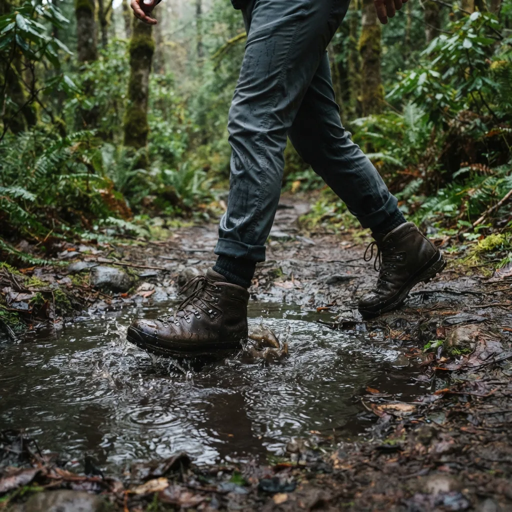 Waterproof hiking boots stepping through a rain puddle on a trail