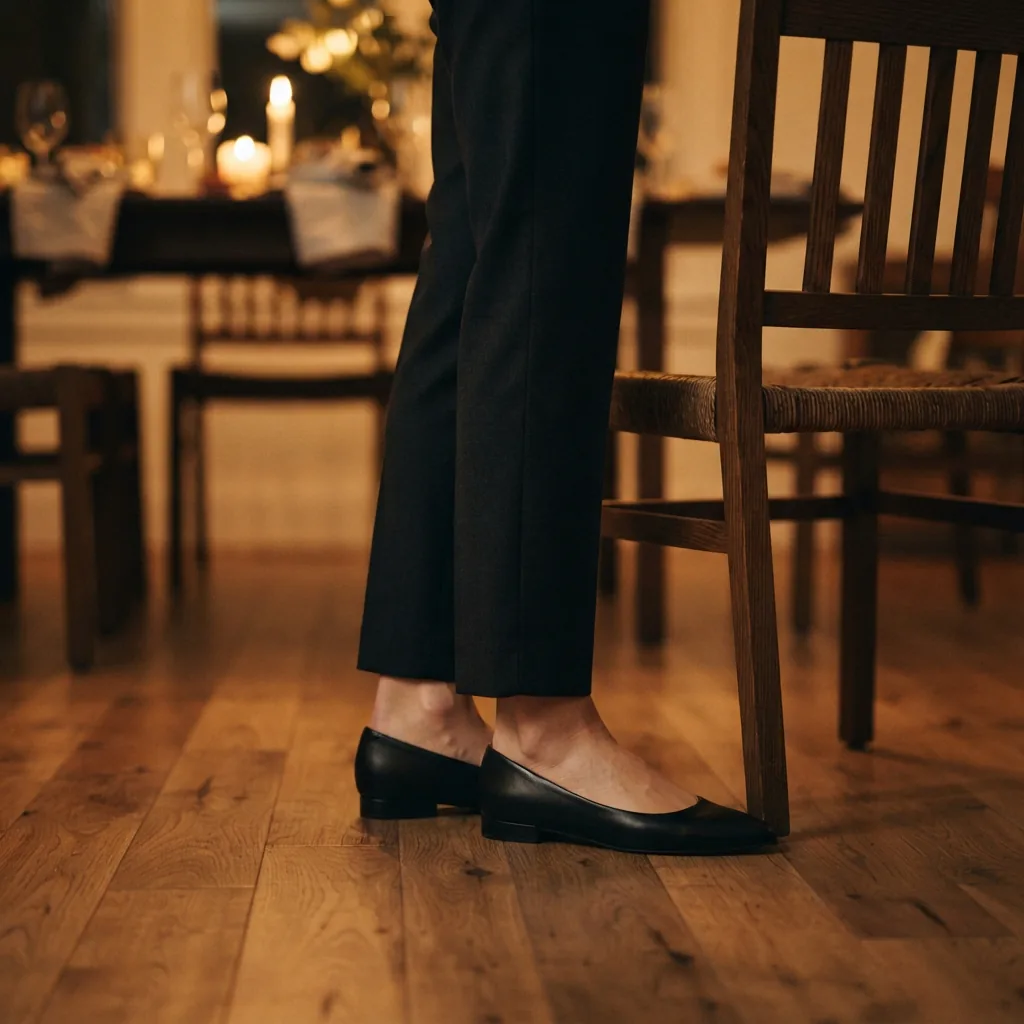An adult's feet in sleek dressy flats standing beside a chair at an evening table setting