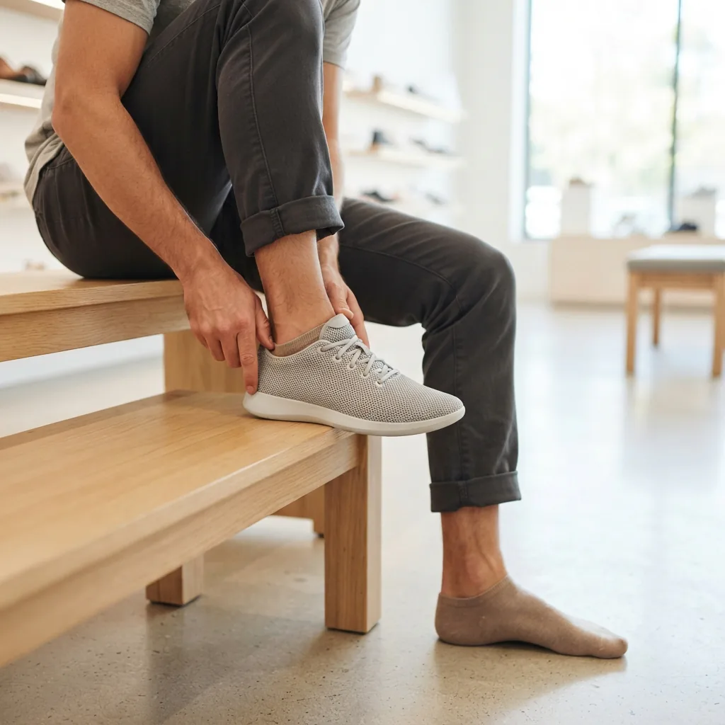 One adult shopper trying on a walking sneaker at a store fitting bench