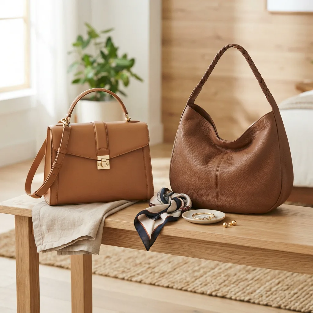 Structured evening satchel and relaxed casual hobo bag grouped on a bench