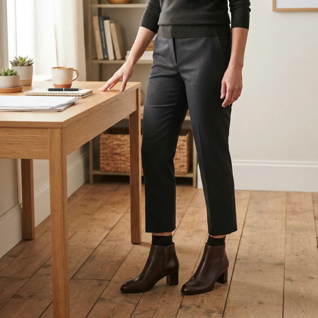 One adult standing at an office desk in heeled ankle booties beneath tailored trousers