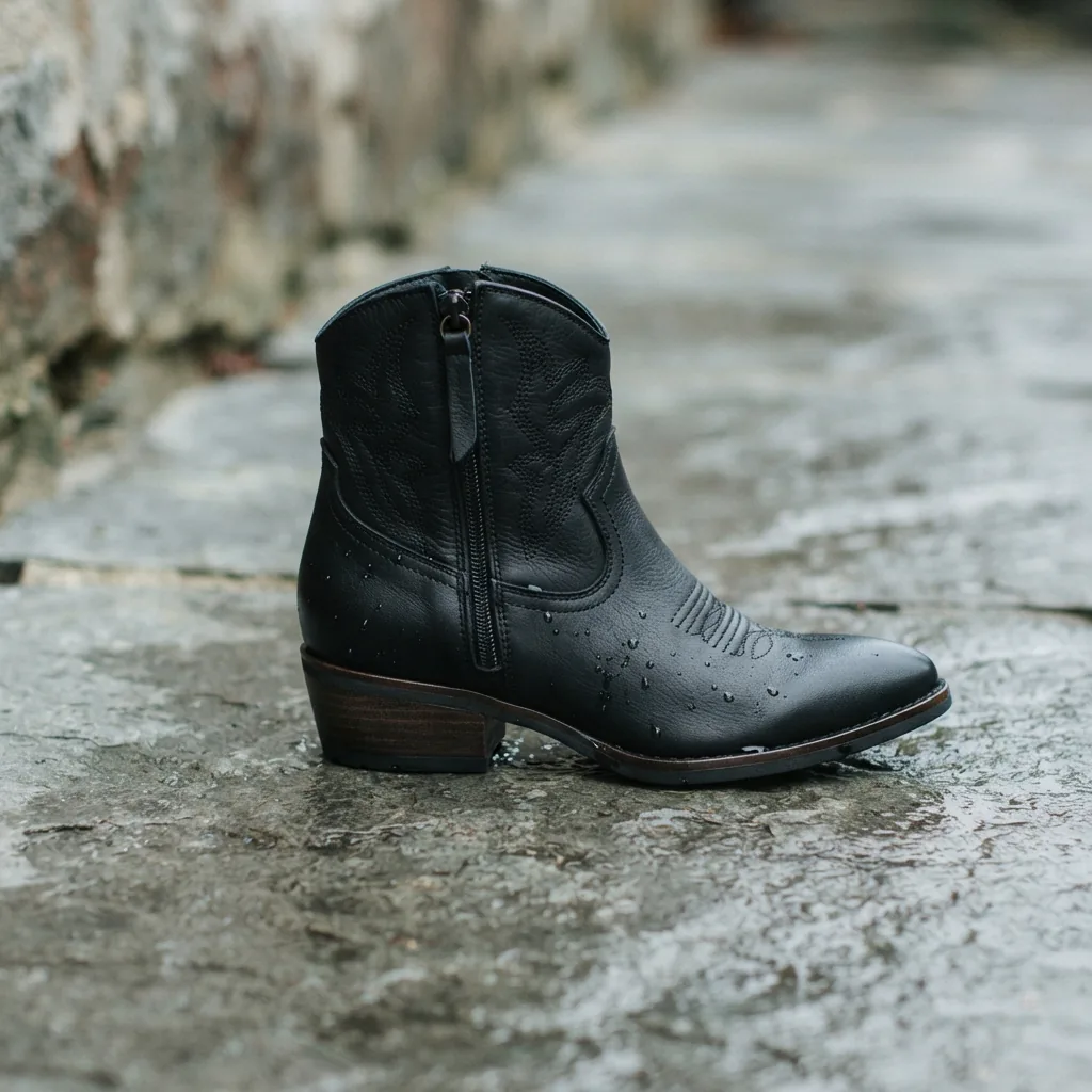Blondo Odessa waterproof western bootie in black on damp grey stone