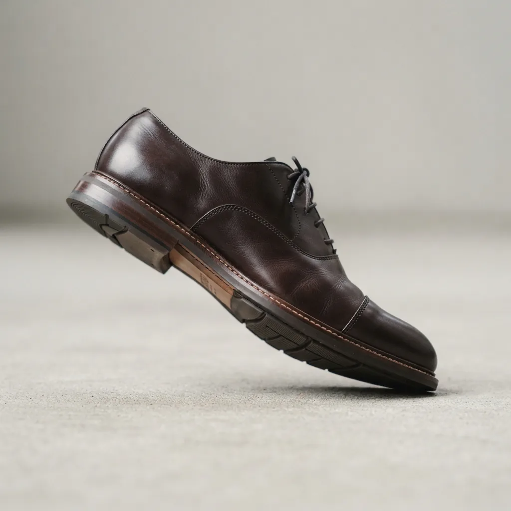 Close view of a cushioned dress shoe sole resting on a studio surface