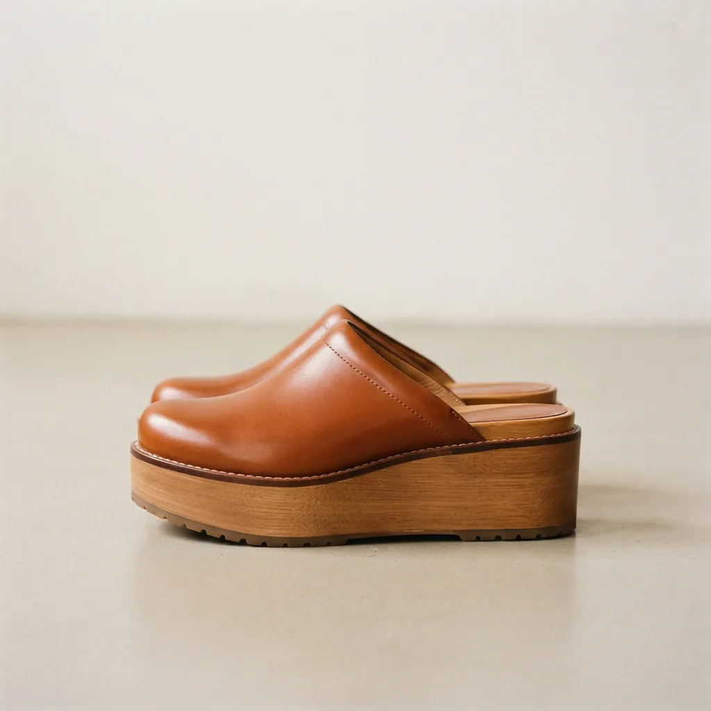Pair of platform fashion clogs arranged on a smooth studio surface