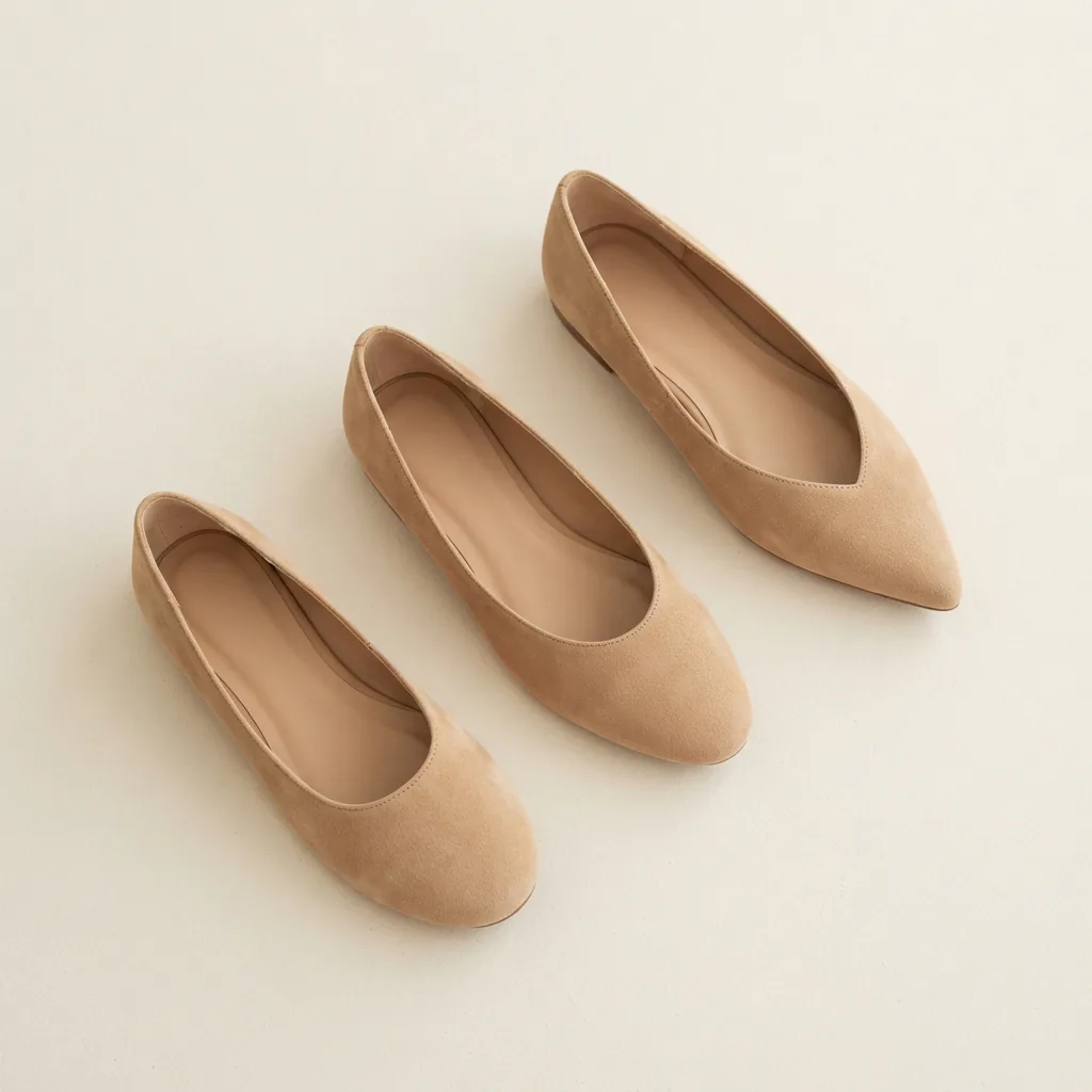 Three unbranded flats with rounded, almond and tapered toes arranged on a light surface