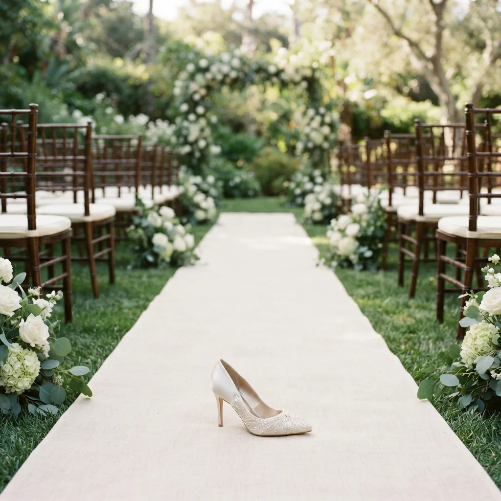 Elegant wedding shoe positioned on a ceremony aisle runner near seated rows