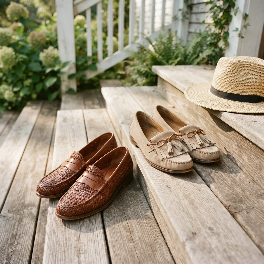 A woven brown loafer and a fringed kiltie loafer on sunlit wooden porch steps beside a straw hat