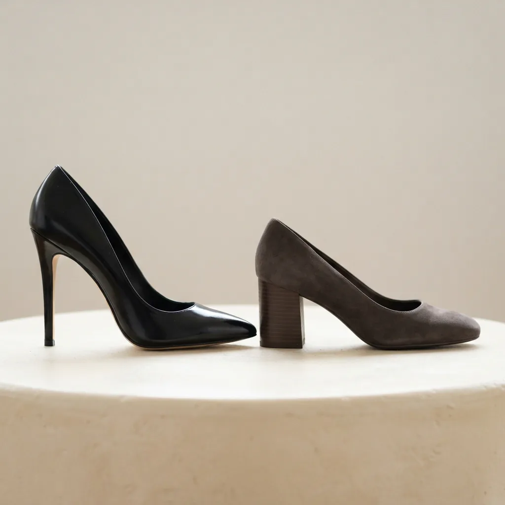 Two high heels of different heights side by side on a light studio surface