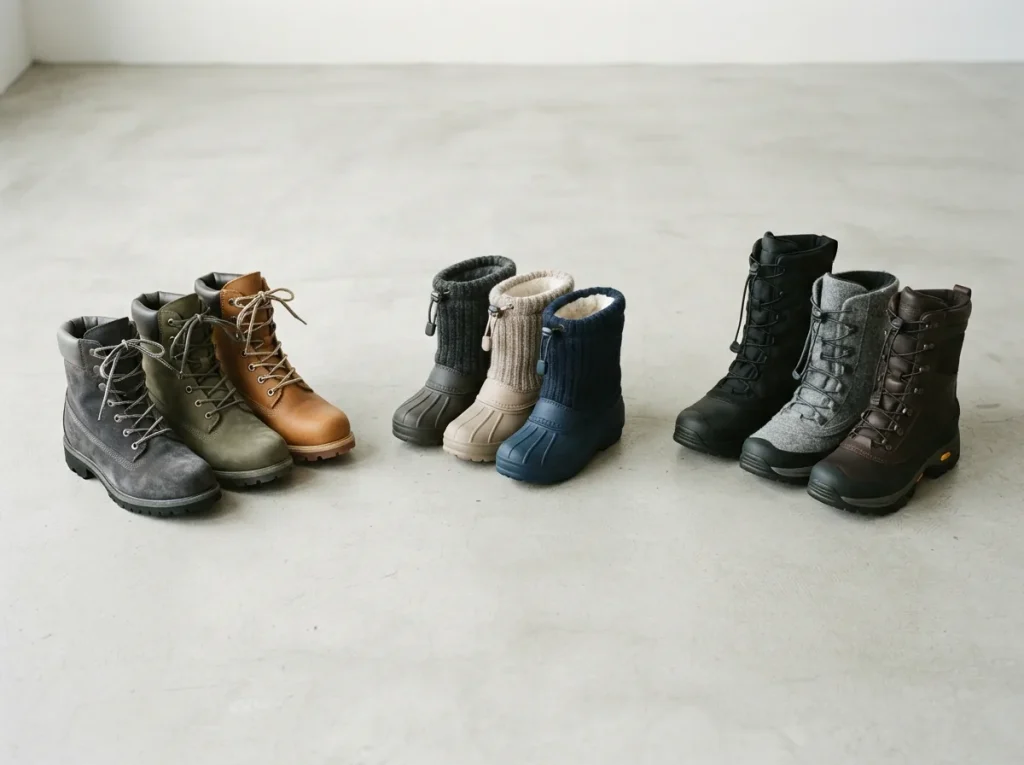 Snow boots grouped in three clusters by style on a pale studio floor