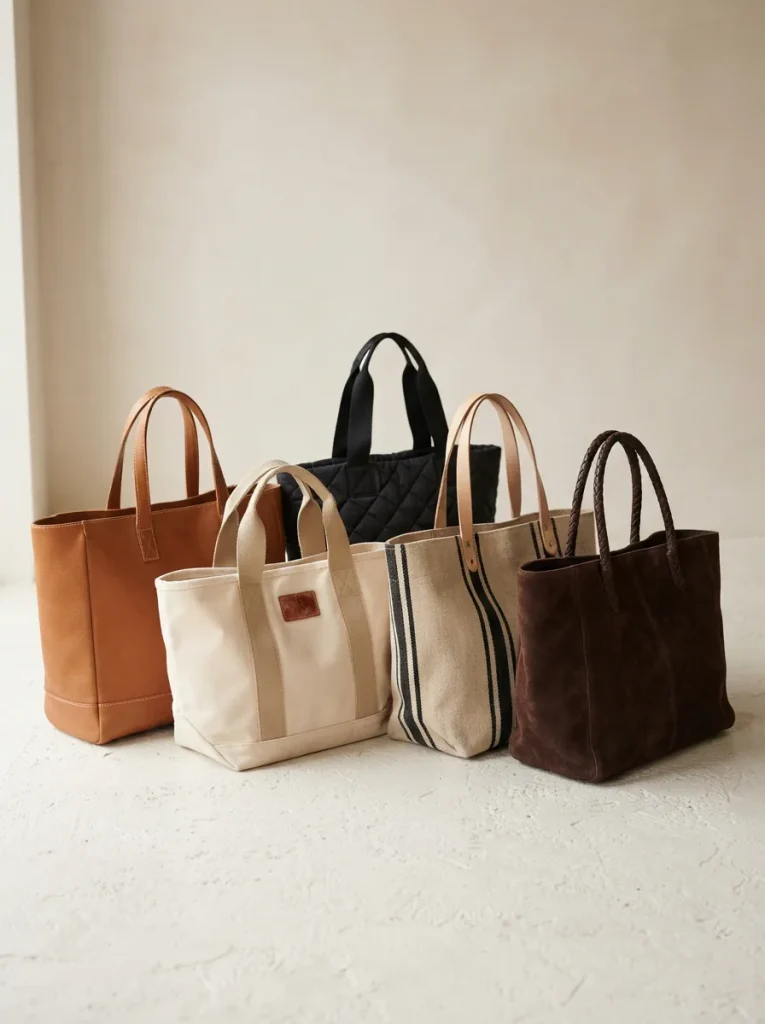 Assortment of tote bags in canvas, leather and quilted fabric on a light studio surface