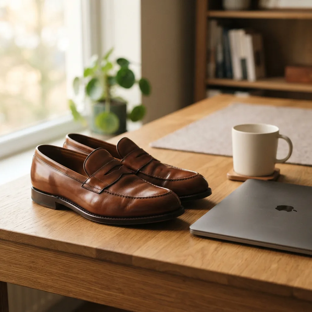 Polished leather slip-on shoes on a wooden desk beside a laptop and a mug