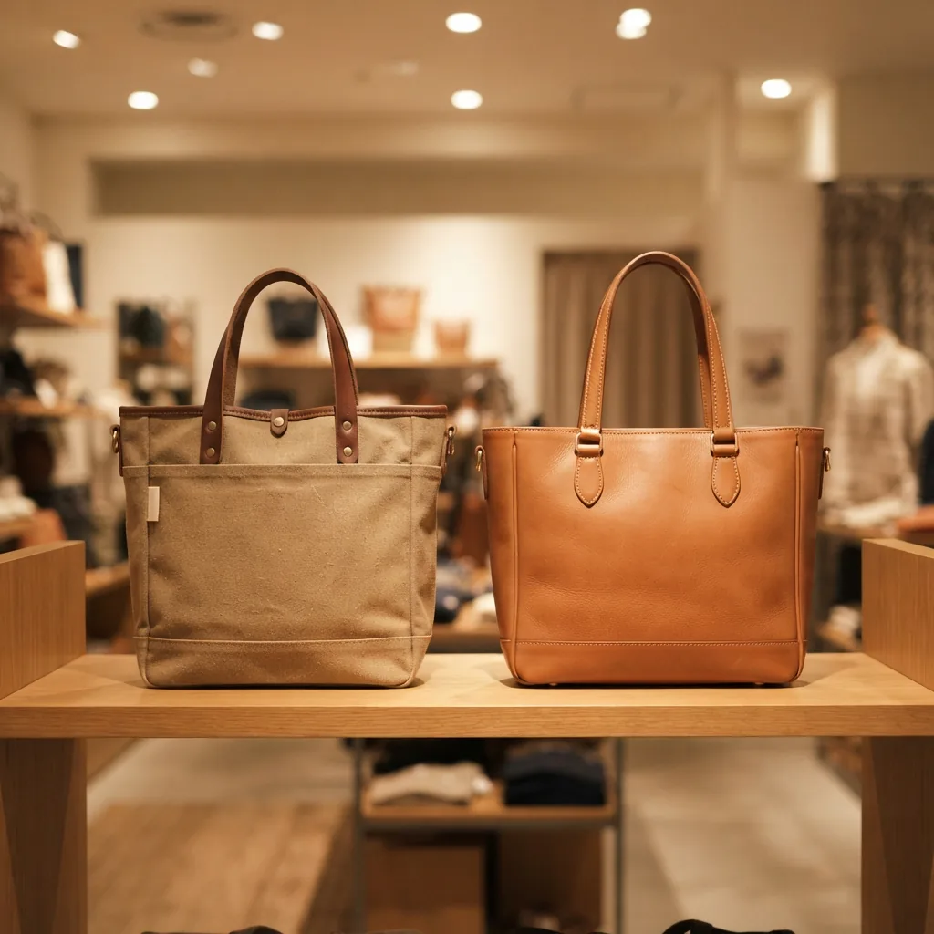 Two tote bags on a retail shelf under warm store lighting