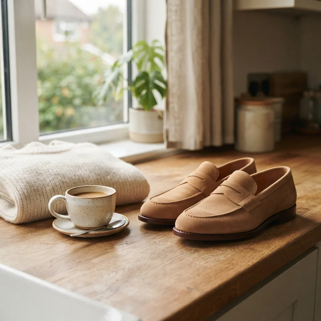 Soft tan suede loafers on a warm kitchen counter beside a ceramic coffee cup and a folded knit sweater
