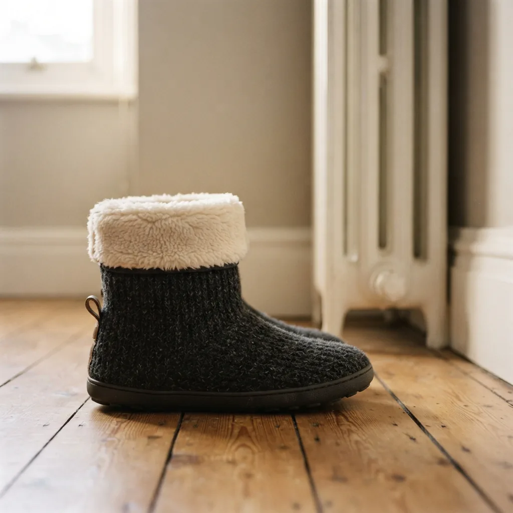 Single men's charcoal knit bootie slipper standing beside a white radiator