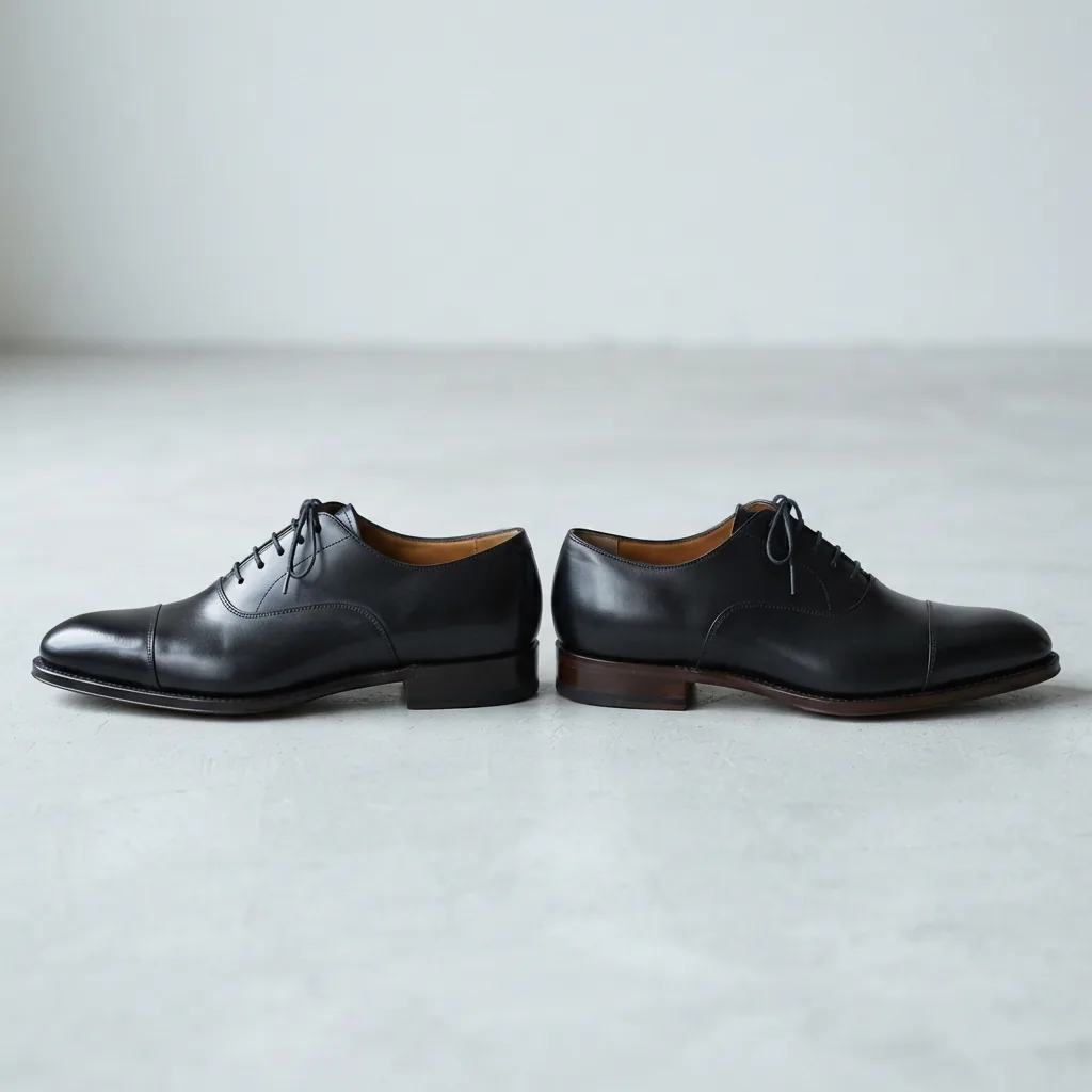 An Oxford dress shoe and a cap toe dress shoe side by side on a pale grey surface.