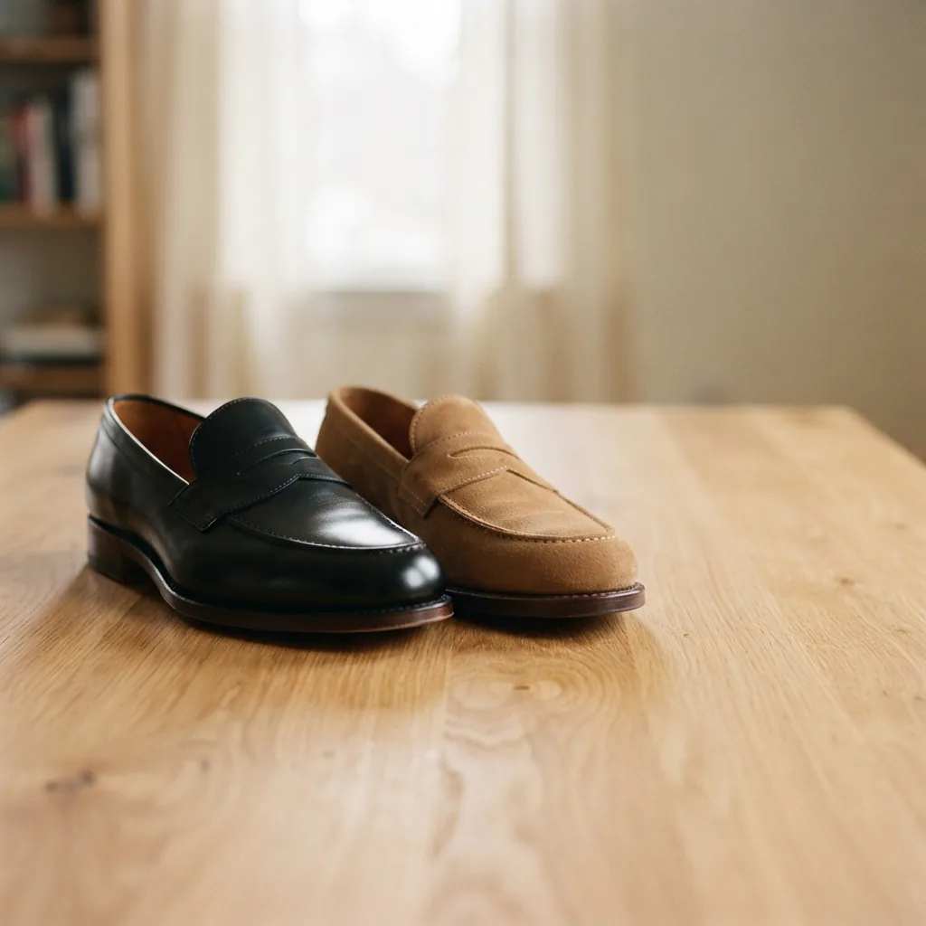 A smooth black leather loafer and a soft tan suede loafer side by side on a light oak table