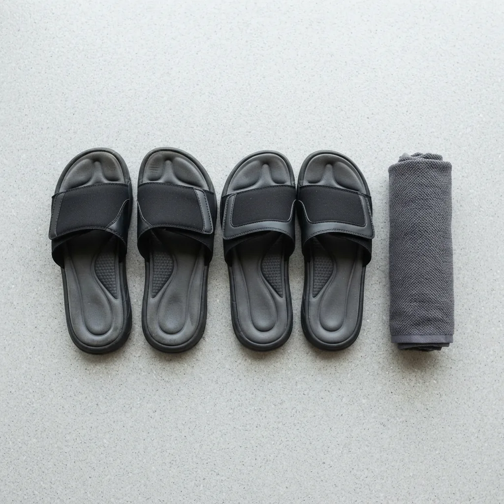 Sporty slide sandals with shaped footbeds placed beside a rolled gym towel