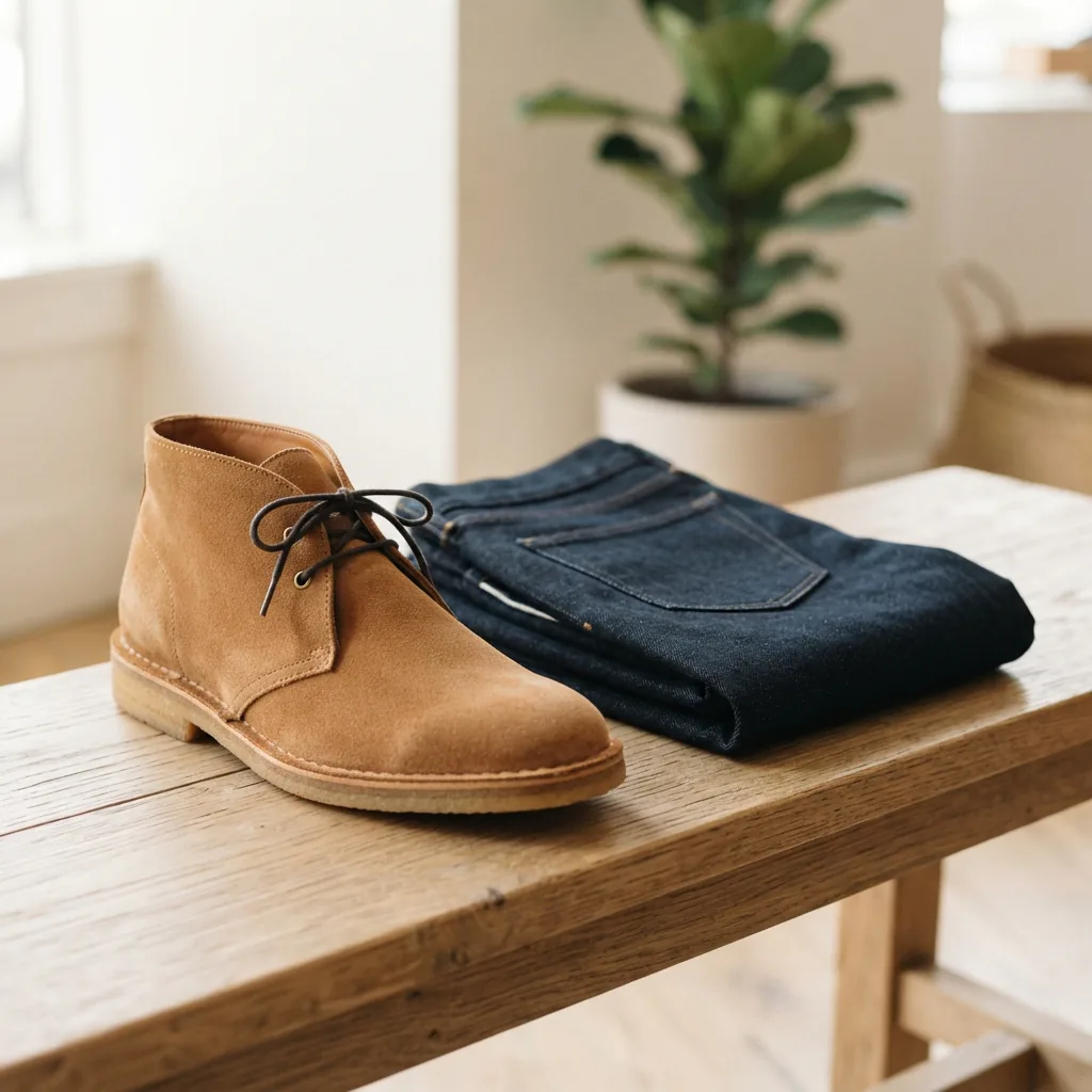 Men's plain toe chukka boot beside neatly folded dark jeans on a light wooden bench