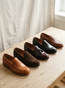 Five unbranded slip-on loafers in leather and suede arranged in a diagonal row on a light oak surface