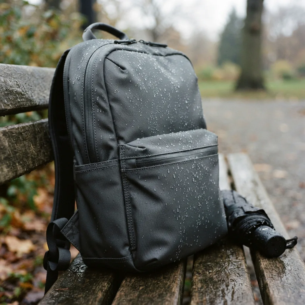 A water-resistant backpack with beaded raindrops on its exterior fabric, resting on a bench outdoors